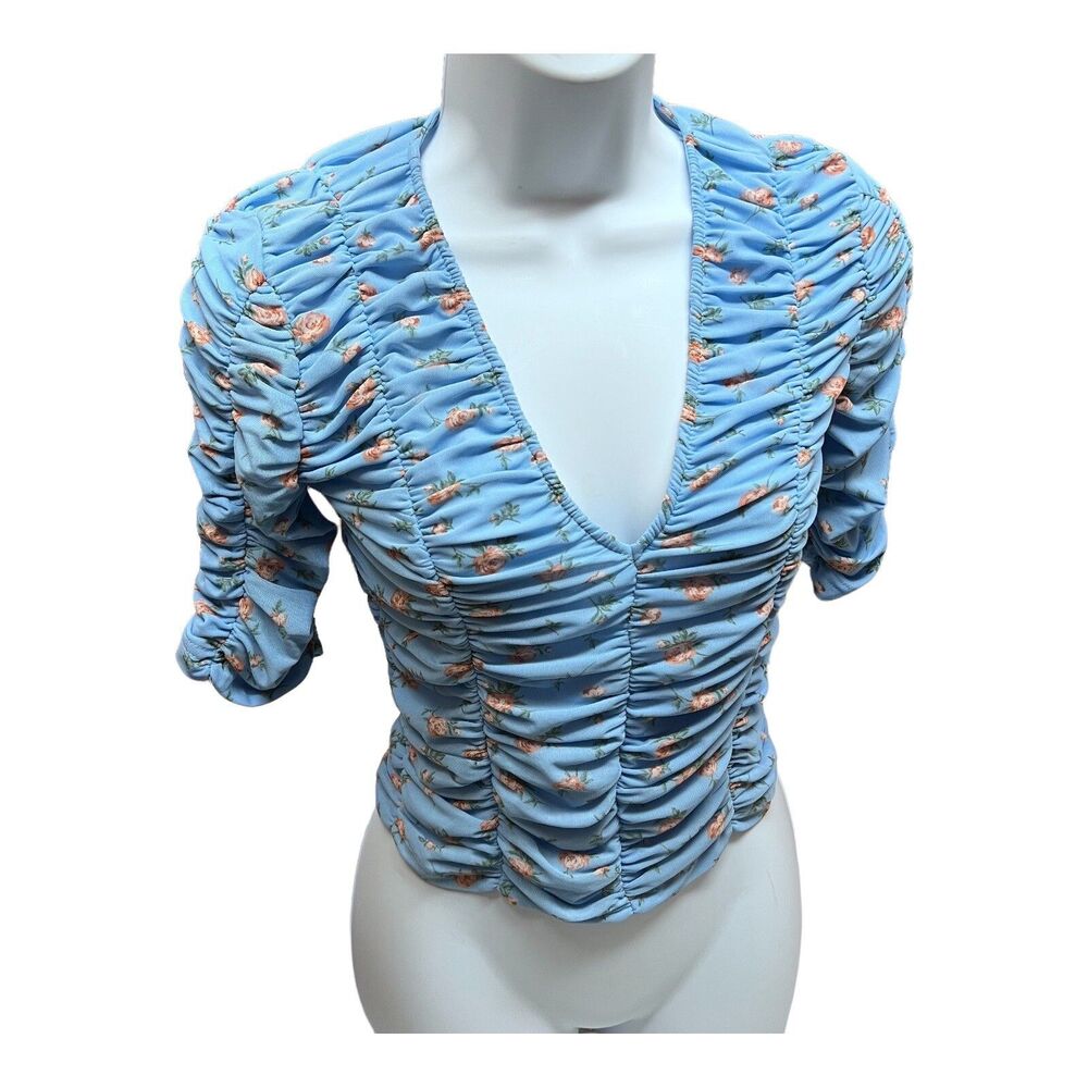 ZARA Blouse Blue Floral Tulle Ruched Cropped Feminine - Picture 6 of 13